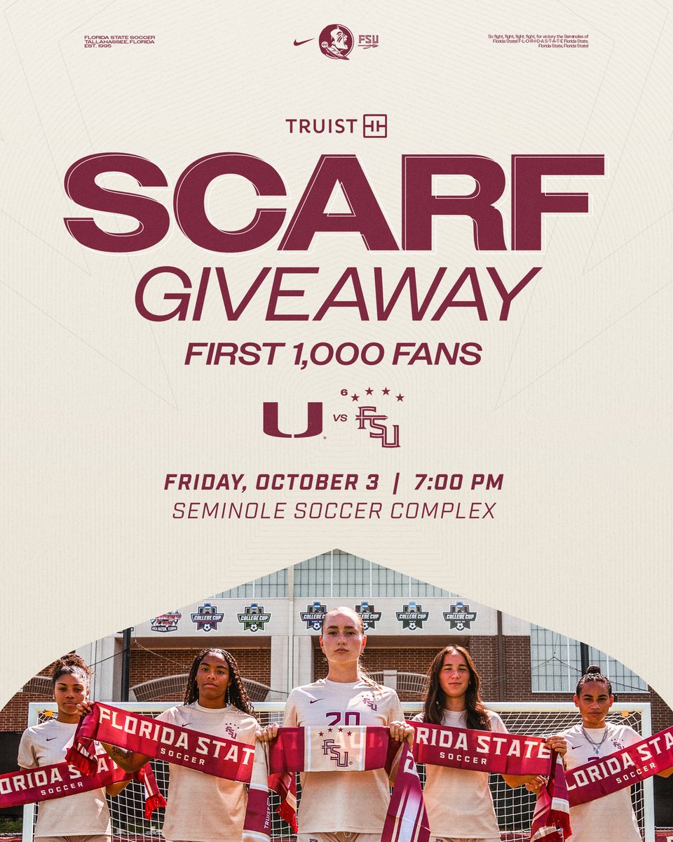 FSU Soccer (@fsusoccer) on Twitter photo Get the newest FSU Soccer scarf on Friday night!
π§£ <a href="/Truist/">Truist</a> Get the newest FSU Soccer scarf on Friday night!
π§£ <a href="/Truist/">Truist</a>