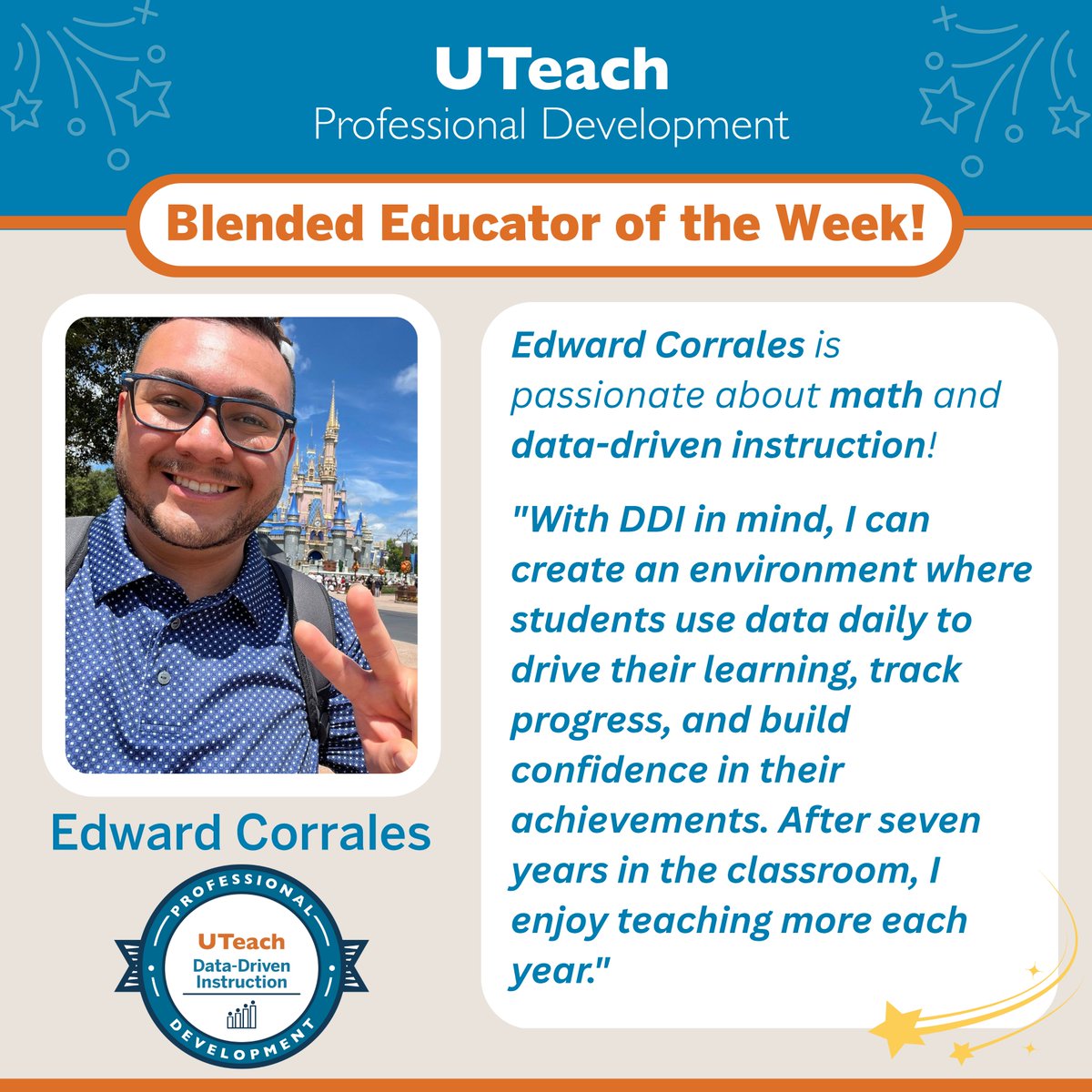 👏 Shoutout to Edward Corrales, our Blended Learning Educator of the Week!

This 5th-grade math teacher is using Data-Driven Instruction to help students track progress, reflect on goals, &amp; build confidence. 🌟

#UTeachPD #BlendedLearning #MathEd