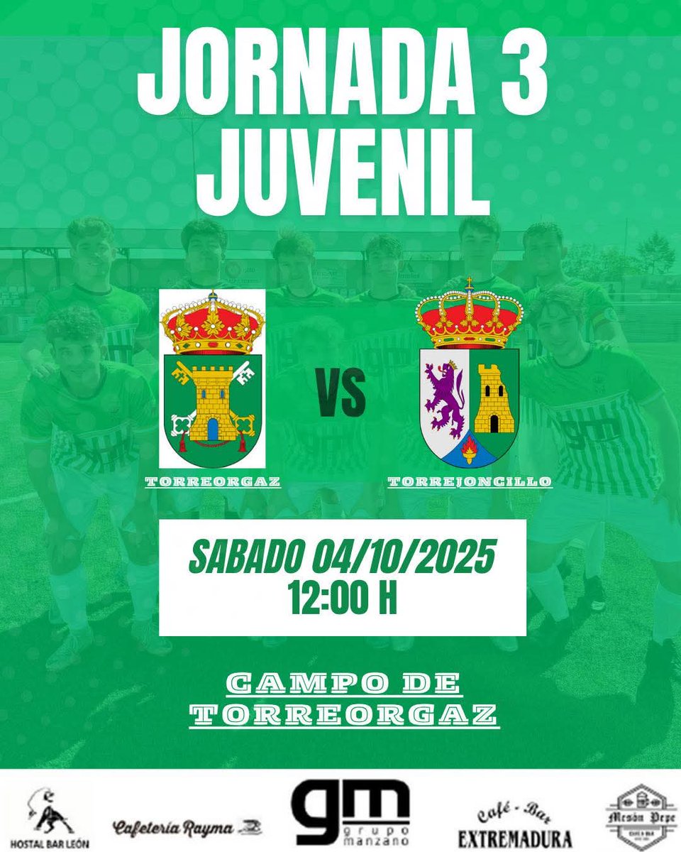 ⚽️⚠️ LIGA JUVENIL⚠️⚽️

🏆 2ª DIVISIÓN EXTREMEÑA
➡️ 3ª JORNADA DE LIGA
🆚 AD TORREJONCILLO
📅 SÁBADO 04/10/2025
⏰ 12:00 H
🏟 CAMPO MUNICIPAL DE TORREORGAZ 

#123Torreorgaz
💚🤍💚🤍💚