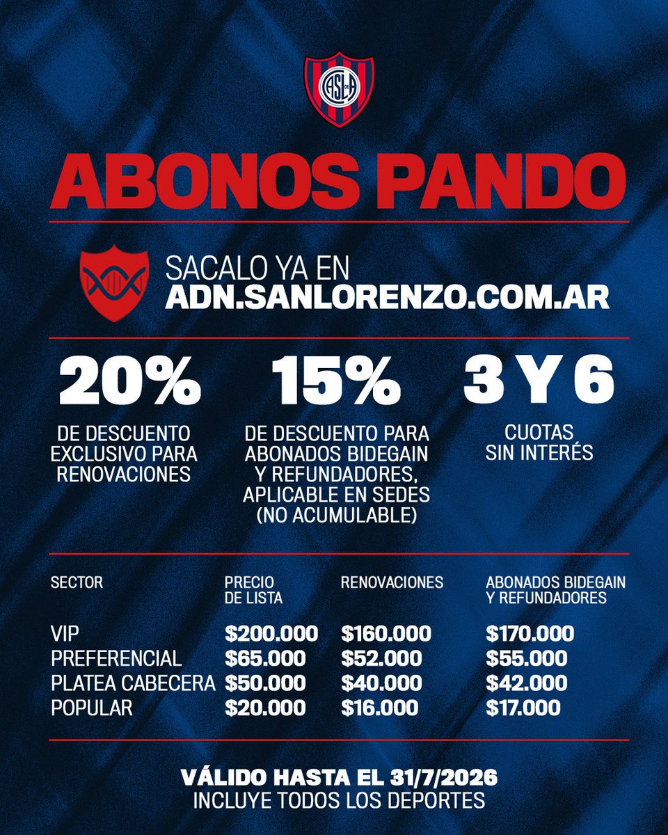 ¡SACÁ TU ABONO AL PANDO! 🎟️

San Lorenzo nos hace vibrar en el Poli con el básquet, con el futsal, con el vóley, con todas las disciplinas... ¡El Pando siempre es una fiesta y vos no te la podés perder! 

Sacá tu Abono ya en ➡️ adn.sanlorenzo.com.ar

Tenés múltiples promociones