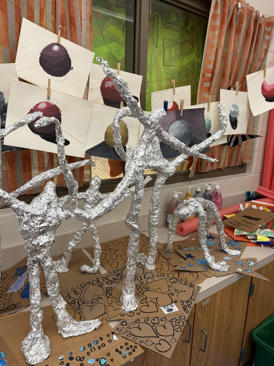 3rd grade motion unit …Alberto Giacometti foil sculptures and drawing and shading 3d forms…we are creating a huge foil sculpture for museum night with all of the left over foil.