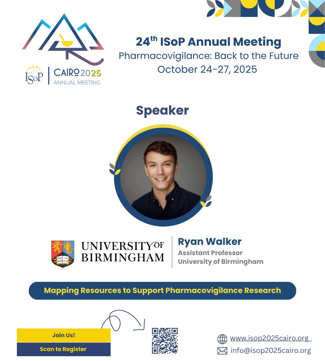 🎤 Keynote Speaker Spotlight:

<a href="/RyanJ_Walker/">Ryan Walker</a>, Assistant Professor of Clinical Pharmacy, <a href="/unibirmingham/">Uni of Birmingham</a>.

📌 Session: Mapping Resources to Support Pharmacovigilance Research

🔗 Register: isop2025cairo.org/Registration/

<a href="/ISoPonline/">International Society of Pharmacovigilance (ISoP)</a> 
#ISoP2025Cairo #Pharmacovigilance #MedicationSafety