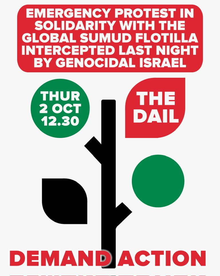 ipsc48's tweet photo. There are emergency protests in solidarity with the Global Sumud Flotilla called around the country tomorrow, keep an eye on social media. This is at the Dáil, 12.30pm. #LiftTheSiege #GazaGenocide https://t.co/RvEA8m8CV6