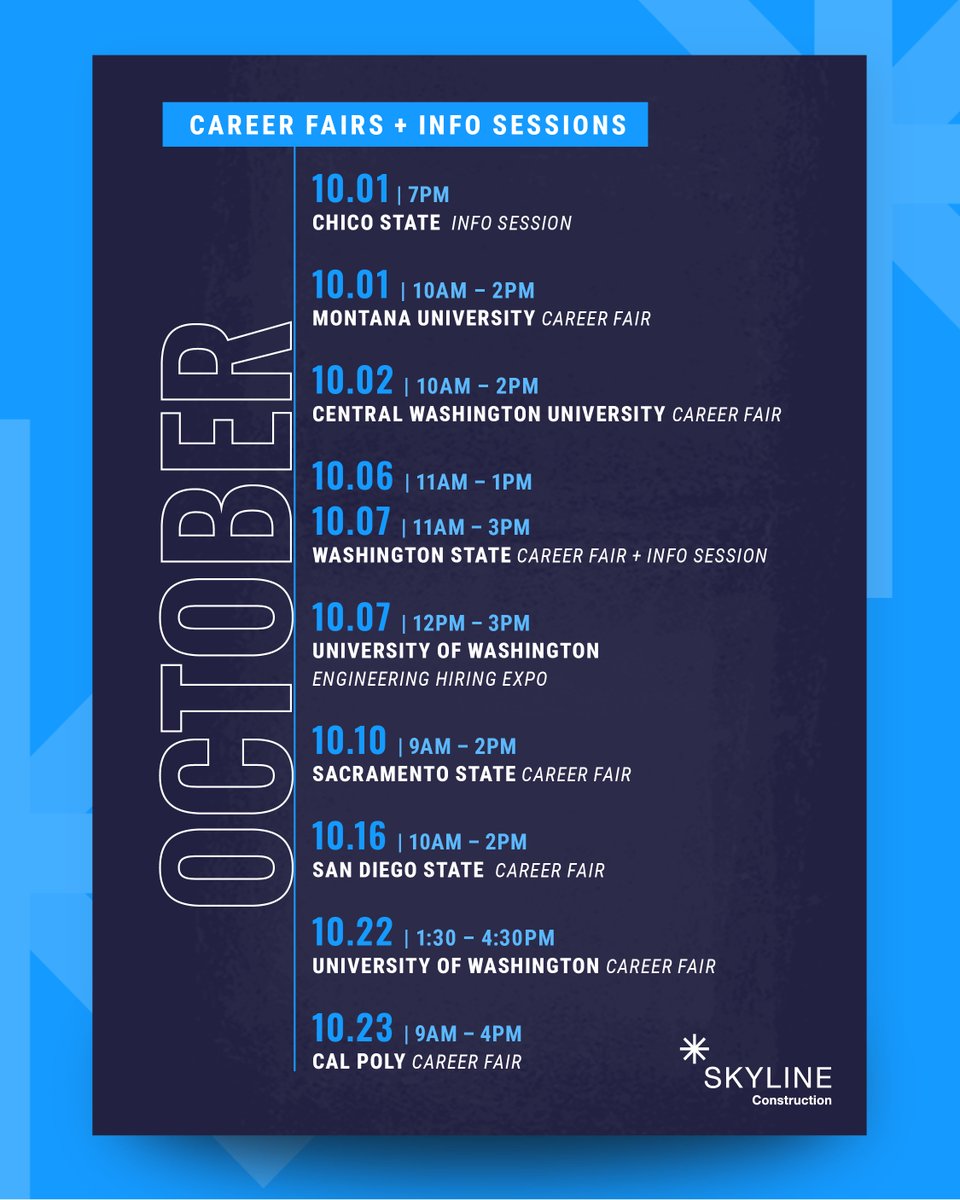 We’re hitting the road this October! Skyline Construction will be at career fairs across the country, and we’d love to meet you. Stop by our booth, learn more about who we are, and explore how you can build your career with us.

#ConstructionCareers #BuildingBetterTogether