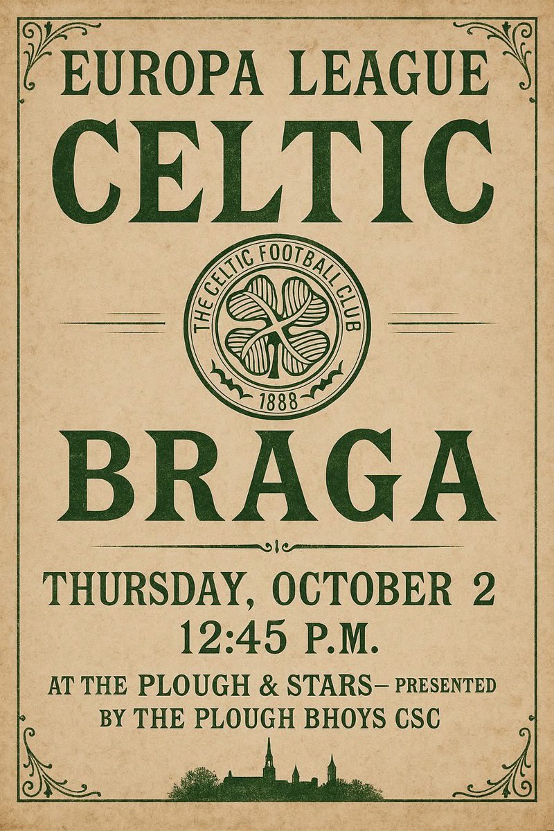 Plough Bhoys CSC ๐๐ฎ๐ช (@ploughbhoyscsc) on Twitter photo Take a long lunch tomorrow and join us for 
Europa League - Match Day 2
Celtic vs Braga
Thursday, October 2 
Kick-Off 12:45 PM
Live <a href="/PloughStars/">Plough & the Stars</a> 
123 Chestnut Street, Old City, Philadelphia Take a long lunch tomorrow and join us for 
Europa League - Match Day 2
Celtic vs Braga
Thursday, October 2 
Kick-Off 12:45 PM
Live <a href="/PloughStars/">Plough & the Stars</a> 
123 Chestnut Street, Old City, Philadelphia