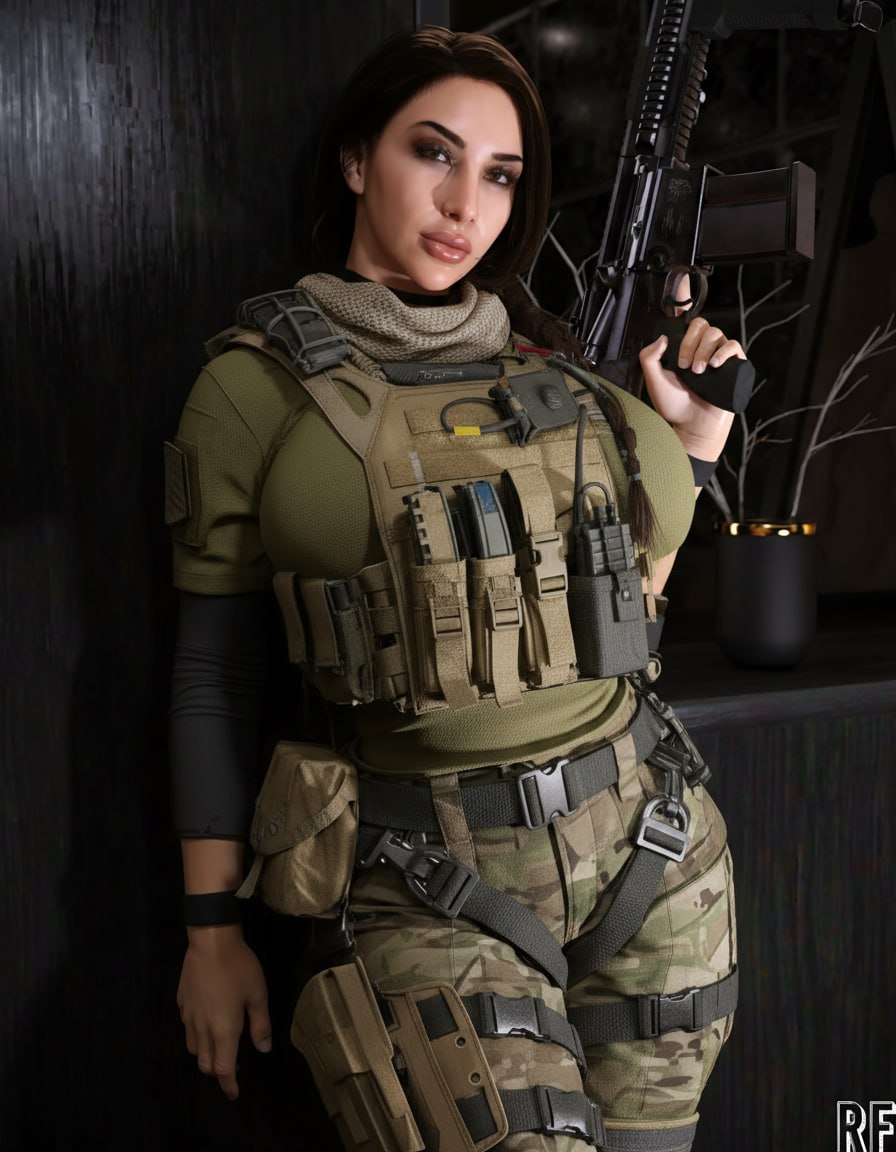 In her tactical gear.