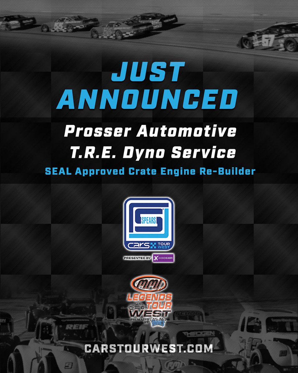 For Immediate Release:
Prosser Automotive/TRE Dyno Services has been confirmed as a SEAL Approved Crate Engine Re-Builder for the Spears CARS Tour West, presented by Hoosier Racing Tire.
Visit CARSTourWest.com for the latest info and upcoming events.