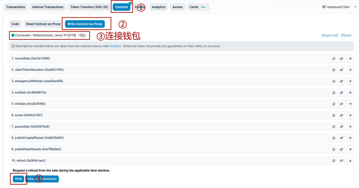 LogosExamples's tweet image. 【 Legion 打新被拒,退款方法】
1⃣进入邮箱,查找官方发来的退款合约。
2⃣进入合约
3⃣点击"Contract",
4⃣点击Write contract as Proxy
5⃣点击Connect to Web3,链接钱包;
6⃣找到第十项:Refund;
7⃣点击Write;
8⃣钱包确认后就能退回