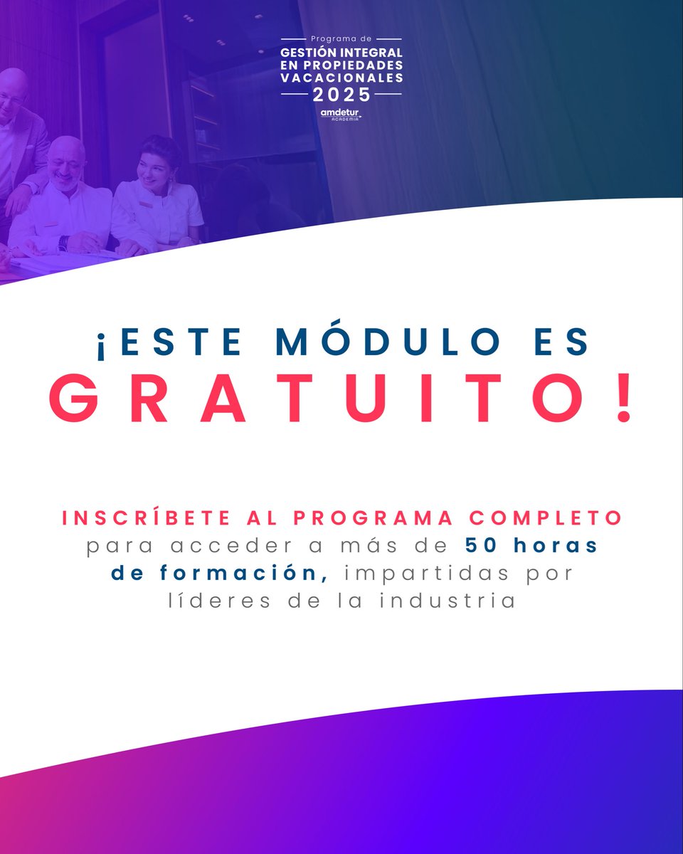 ¡El futuro de la Propiedad Vacacional comienza aquí! 
Inscríbete GRATIS al Módulo 1 del Programa de Gestión Integral y descubre tendencias, evolución y claves para crear experiencias únicas.

Inscríbete hoy: bit.ly/46xIKuD

#AMDETUR #GestiónIntegral #PropiedadVacacional