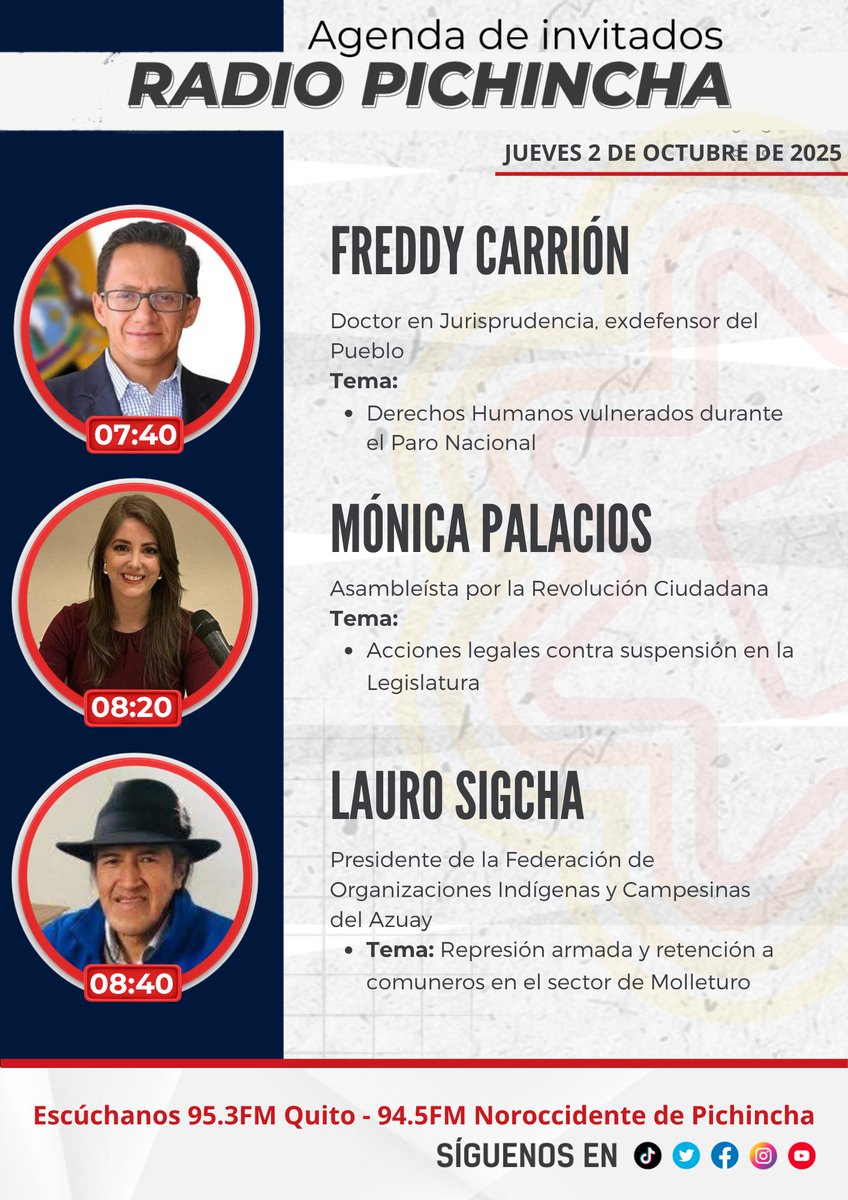 radio_pichincha's tweet image. 📌 #Agéndalo || Este jueves 2 de octubre sigue las entrevistas de 🎙#PuntoNoticias primera emisión:
🗣 07h40: @freddcarrion 
🗣 08h20: @MoniPalaciosZ 
🗣 08h40: Lauro Sigcha - @foazuay93 
Por la 📻 95.3FM - 94.5 FM al noroccidente de Pichincha y 📲💻 transmisión en vivo por redes