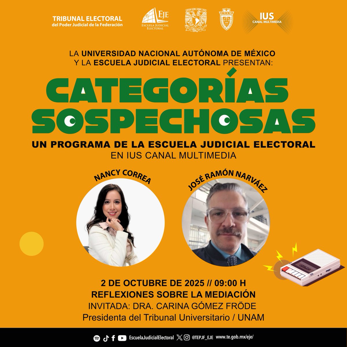 ¡Este jueves no te pierdas #CategoríasSospechosas! 

Reflexionaremos sobre la mediación junto a nuestro invitada, la Dra. Carina Gómez Fröde

Síguelo por <a href="/IUSCanalM/">IUS CANAL MULTIMEDIA</a> de la Facultad de <a href="/DerechoUNAMmx/">Facultad de Derecho</a>
Conduce <a href="/Nancycorrealf/">Nancy Correa</a> y <a href="/jrnarvaez/">José Ramón Narváez</a>.