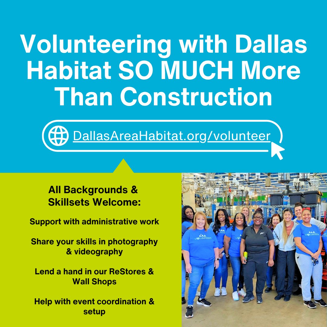 At Dallas Habitat, volunteering goes far beyond swinging a hammer.
We’re looking for volunteers with different backgrounds to join us in making an impact. 

Learn more and sign up today: DallasAreaHabitat.org/Volunteer

#DallasHabitat #Volunteer #MakeADifference
