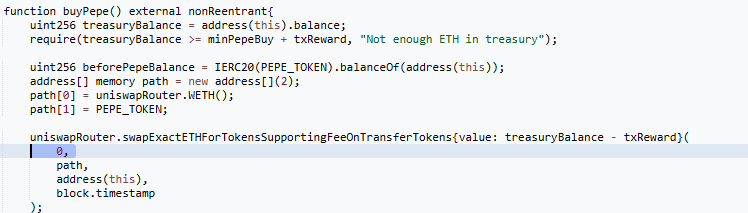 Spaghetti_Degen's tweet photo. Seemingly the fiverr dev also forgot to remove the infinite slippage in the buyPepe (or sell) function lmao $PEPESTR https://t.co/SEvL76uH65