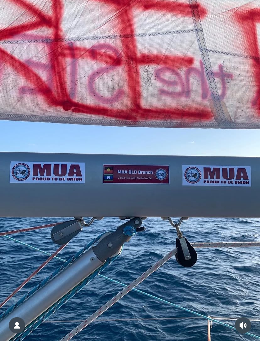 On board the Wahoo, a Sumud Global Flotilla boat, ⁦<a href="/MaritimeUnionAU/">MUA</a>⁩ member, Hamish Patterson, flies the MUA flag. 
The Wahoo is being pursued by IOF right now. Also on board, our mate Julia Lamont.
Will ⁦<a href="/MaritimeUnionAU/">MUA</a>⁩ fly the flag for them?
Block the docks!
⁦