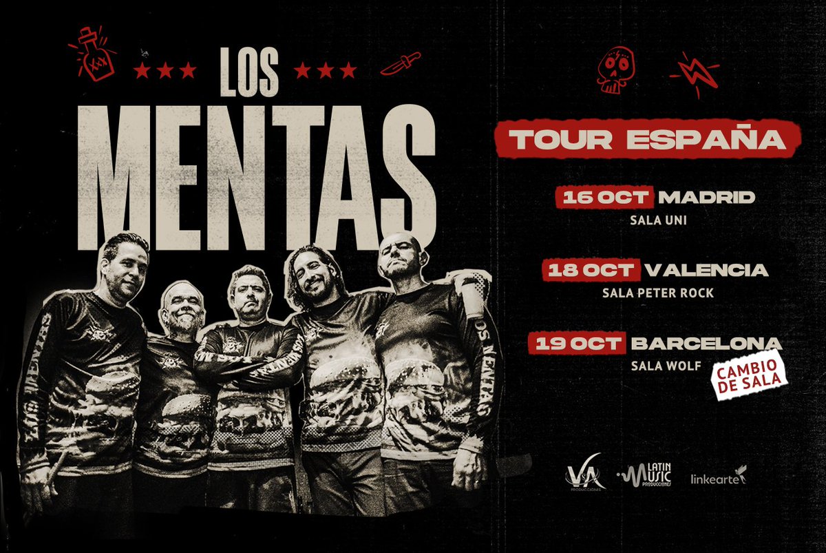 Después de más de dos décadas pateando tarimas, Los Mentas cruzamos el charco y armamos gira por primera vez en tierras ibéricas
MADRID – Jue 16/10 @salaunimadrid
VALENCIA – Sáb 18/10 <a href="/PeterRockClub/">Peter Rock</a> 
BARCELONA – Dom 19/10 @salawolf
Entradas en linke-arte.com