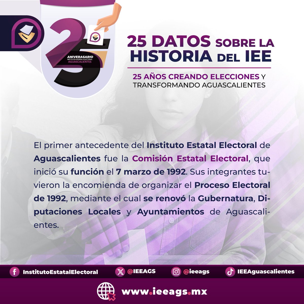 El mes de octubre representa la celebración de nuestro 25 aniversario.

De cara al 31 de octubre, recorremos cada uno de los momentos más importantes de estas más de dos décadas de vida institucional.

#25AñosIEEAgs
