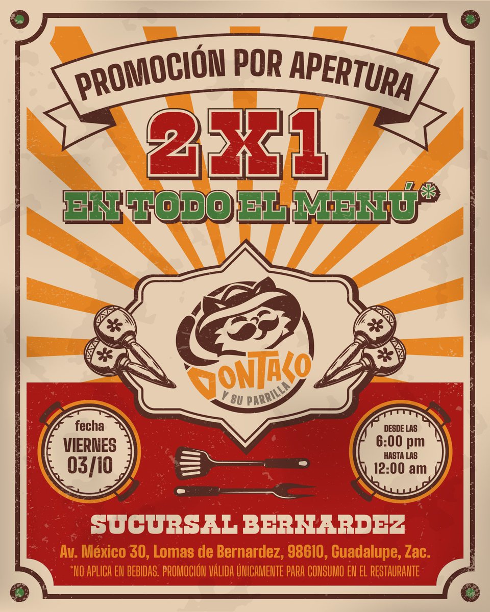 dontaco_oficial's tweet photo. 🔥 ¡Nos vemos este viernes! 🔥
👉 2x1 en TODO el menú
📍Sucursal Bernardez
⏰ 6:00 pm a 12:00 am https://t.co/Tck9SMv0GU