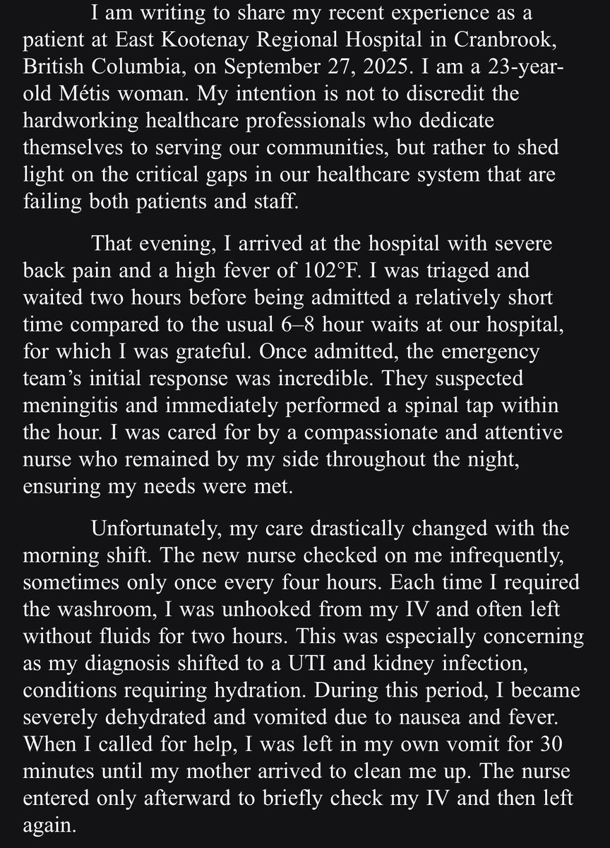 irishdogmeows's tweet photo. This was my sisters experience this last week in our broken healthcare system. She is sending this out to our local MPs and mla but I believe it speaks to a larger issue going on in Canada as a whole. This is in BC

@jasminlaine @TheElev8Podcast @junonewscom @mario4thenorth @mrsunshinebaby @truckdriverpleb @PierrePoilievre @NorthrnPrspectv