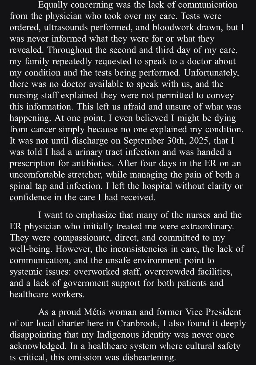 irishdogmeows's tweet photo. This was my sisters experience this last week in our broken healthcare system. She is sending this out to our local MPs and mla but I believe it speaks to a larger issue going on in Canada as a whole. This is in BC

@jasminlaine @TheElev8Podcast @junonewscom @mario4thenorth @mrsunshinebaby @truckdriverpleb @PierrePoilievre @NorthrnPrspectv