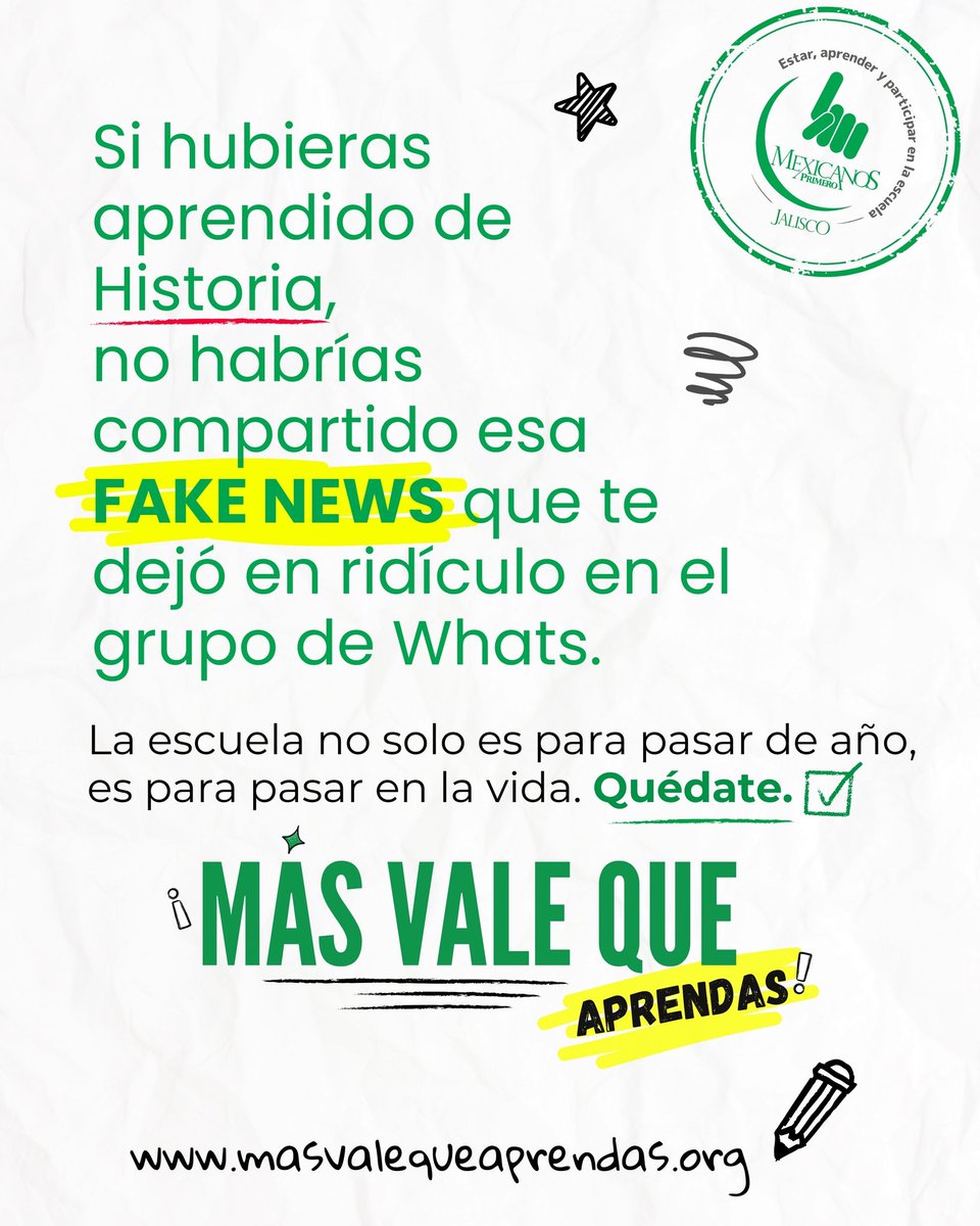 ¿Alguna vez compartiste algo en WhatsApp y luego te diste cuenta que era falso? 
Si hubieras aprendido #Historia, te lo habrías ahorrado.
La escuela no solo es para pasar de año, es para pasar en la vida. #Quédate.

#MásValeQueAprendas

masvalequeaprendas.org