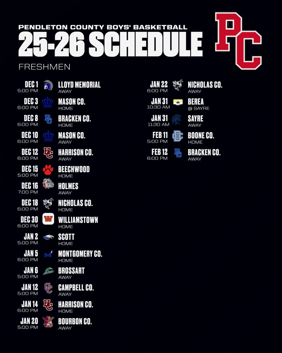 2025-26 Pendleton County Boys Basketball Schedule. We Ready! 🔴⚫️🏀