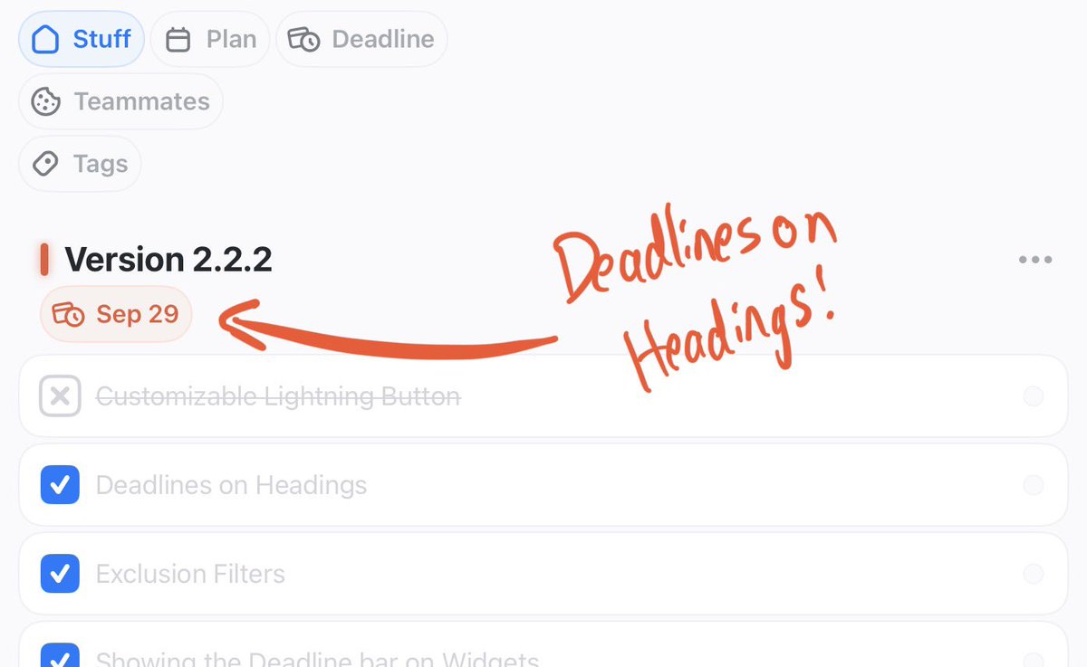 austboston's tweet image. Headings in @stuff_app_ can now have Deadlines!
Great for things like setting deadlines for different phases of a project
New in Version 2.2.2 ❤️