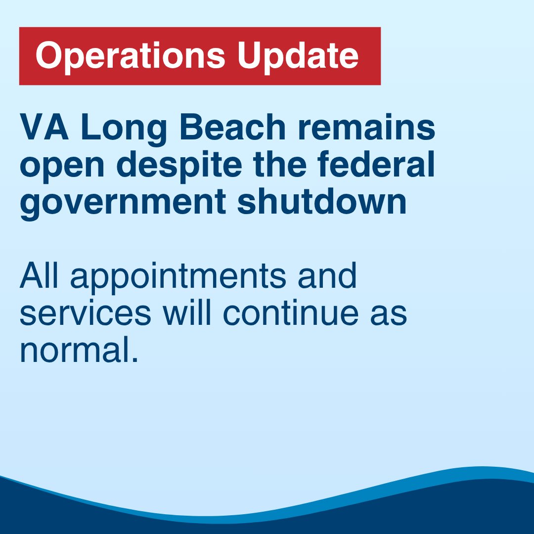VA Long Beach Healthcare System remains open. All appointments and services will continue as normal. To make a new appointment, call 562-826-5151. 

For more information on impacted VA programs visit VA Contingency Planning: department.va.gov/contingency-pl…
