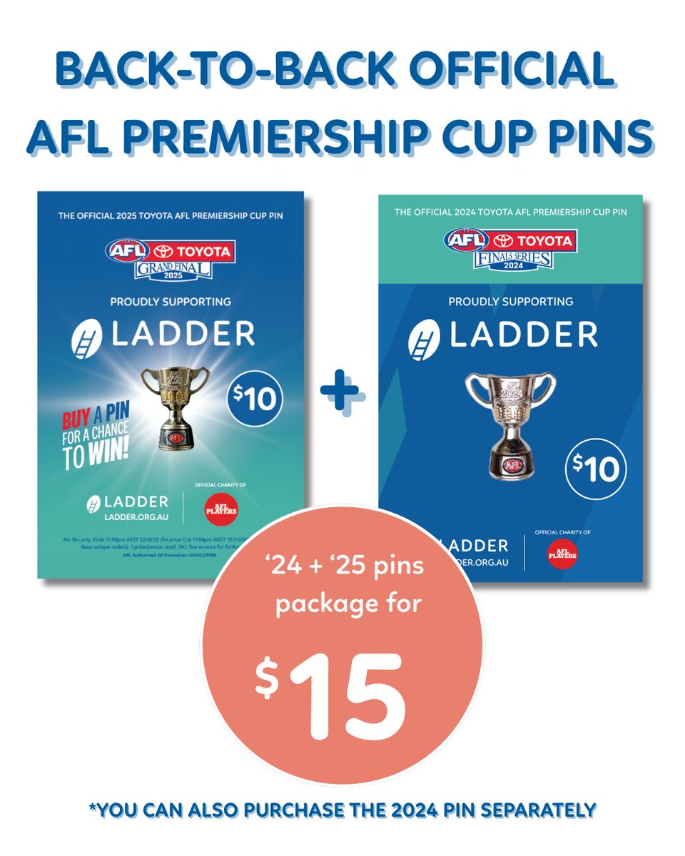 Score your limited edition back-to-back 2024 &amp; 2025 Toyota AFL Premiership Cup pins NOW! Only while stocks last and exclusively online at ladder.org.au. Already have your 2025 pin? No stress, the 2024 pin is also up for grabs separately too!