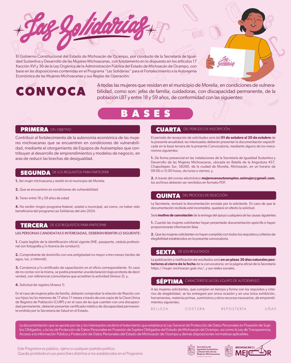 💜¡Convocatoria abierta!
Si eres mujer de Morelia en situación de vulnerabilidad, participa en Las Solidarias y accede a kits de autoempleo en:
Belleza
Costura
Repostería
Uñas
📅 Del 1 al 20 de oct. 2025
📲 Bases y anexos aquí 👉 drive.google.com/drive/folders/…
#LasSolidarias #Seimujer