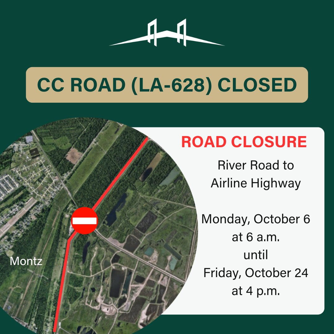 Beginning Monday, CC Road in Montz will be closed for construction at Montz No. 1 Pump Station. The closure will remain in effect until Friday, October 24. 

MORE: stcharlesparish.gov/Home/Component…