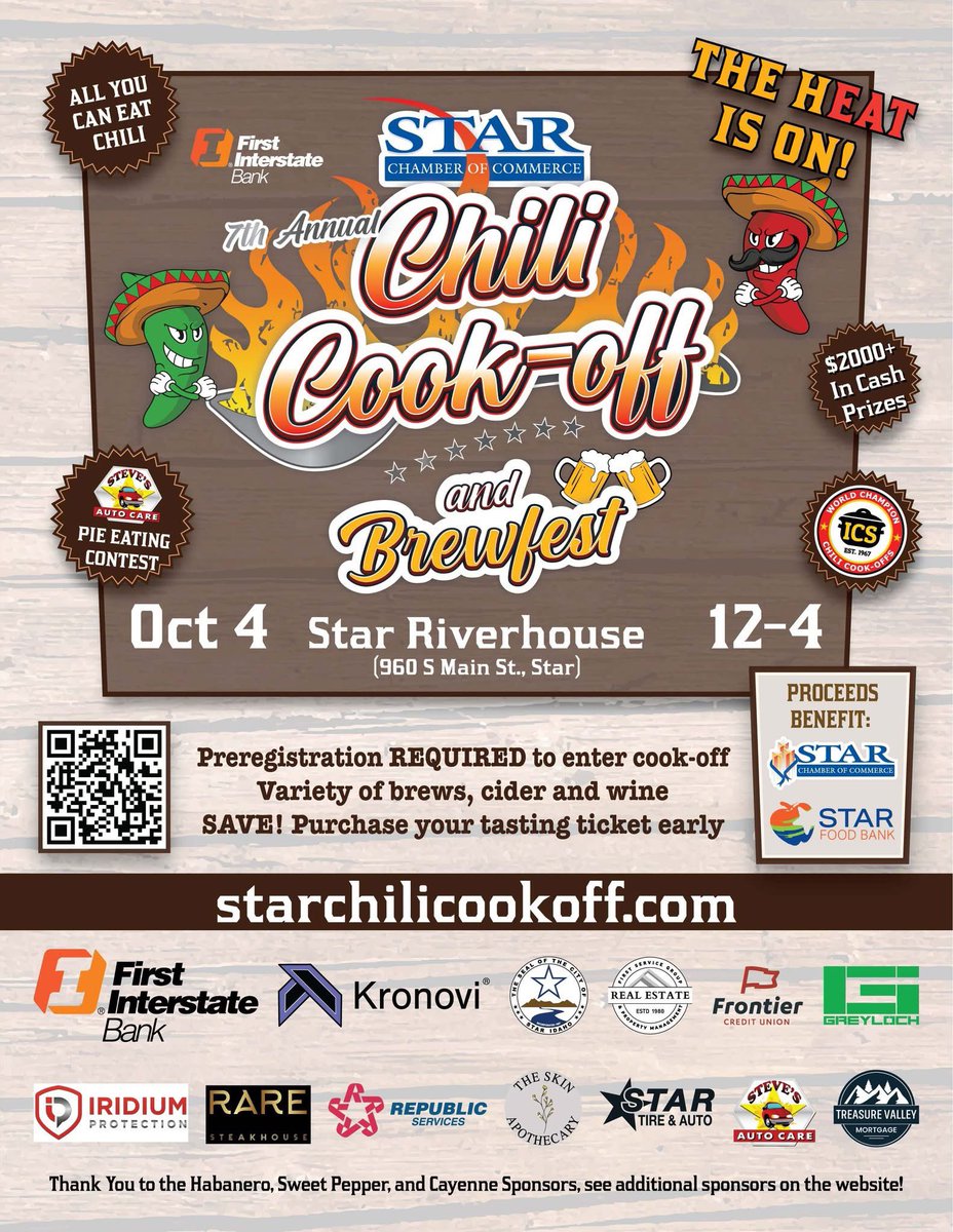 This Saturday is a great event brought to us by the Star Chamber of Commerce, The 7th annual Star Chili Cook-Off and Brewfest. 

Come down on Saturday, October 4th from 12 - 4 pm to taste the chili, enjoy some refreshments and see who wins this cook off.  

Being a judge, I get
