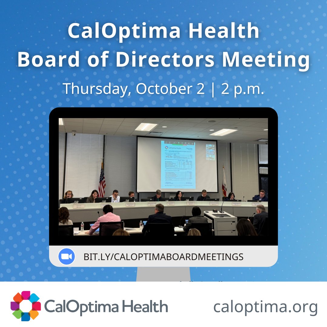 Join CalOptima Health’s Board of Directors meeting tomorrow, October 2, at 2 p.m. on Zoom to learn about developments at the health plan. View the agenda and register at bit.ly/caloptimaboard…