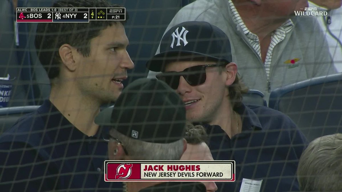 BR_OpenIce's tweet photo. Jack Hughes pulled up to Game 2 of Yankees-Red Sox in the Bronx 🏟️

(pretty good seats have to assume Luke paid) https://t.co/lw5ZsLiIMl