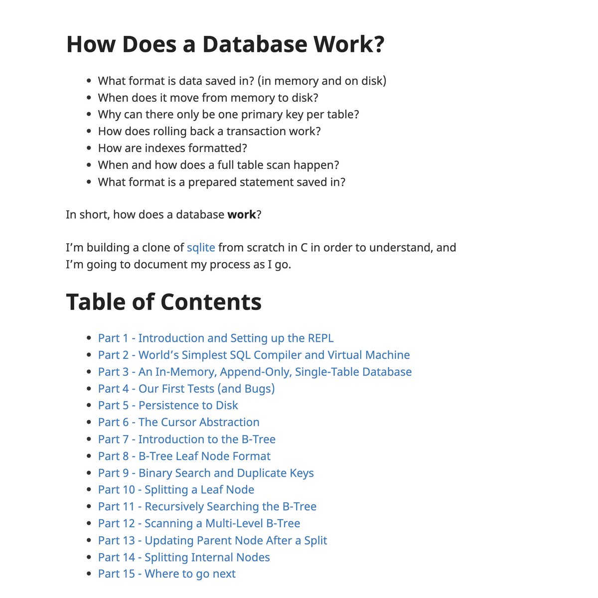 vivekgalatage's tweet image. "Let's Build a Simple Database" by Connor Stack
I came across this detailed blog that mimics SQLite from the ground up to understand the internals and its implementation journey in C, adding to the reading list.
cstack.github.io/db_tutorial/