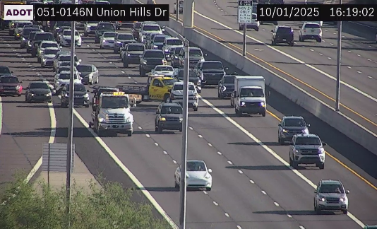 ArizonaDOT's tweet photo. SR 51 NB near Union Hills Drive: A crash is blocking the left and center lanes. https://t.co/9L9WXfr1cH