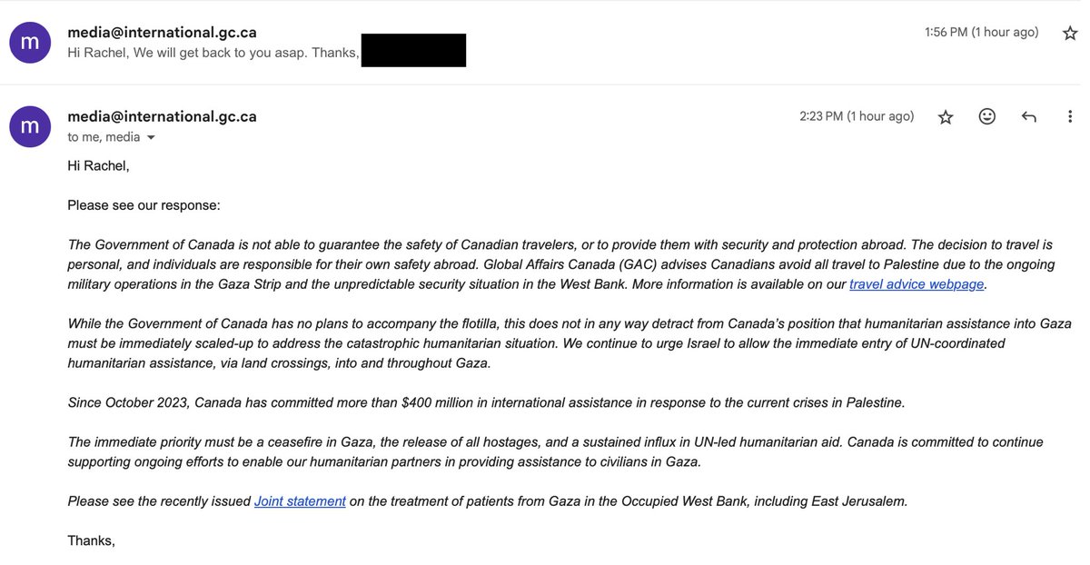 For the record, Canada’s government told me — of the six Canadian passport holders travelling with the flotilla — that:

“The Government of Canada is not able to guarantee the safety of Canadian travelers, or to provide them with security and protection abroad.”

Nice to see some