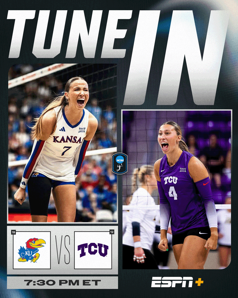 NCAAVolleyball's tweet photo. 🏐 TUNE IN 🏐

No. 18 @KUVolleyball 
🆚
No. 12 @TCUvolleyball 

⏰ 7:30 PM ET
📺 ESPN+

#NCAAWVB https://t.co/8TwwC3SmNm
