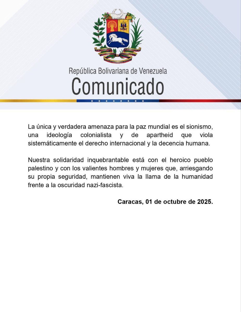 Venezuela denuncia y condena en los términos más enérgicos el cobarde acto de piratería ejecutado por las fuerzas de ocupación israelíes contra la Flotilla de la Libertad, este 01 de octubre de 2025.

#NavidadesEnPaz 
#UnleashDracarys 🔥🐉
<a href="/UnleashDracarys/">Dracarys</a> 
<a href="/extranewsmundo/">Extra News Mundo</a>