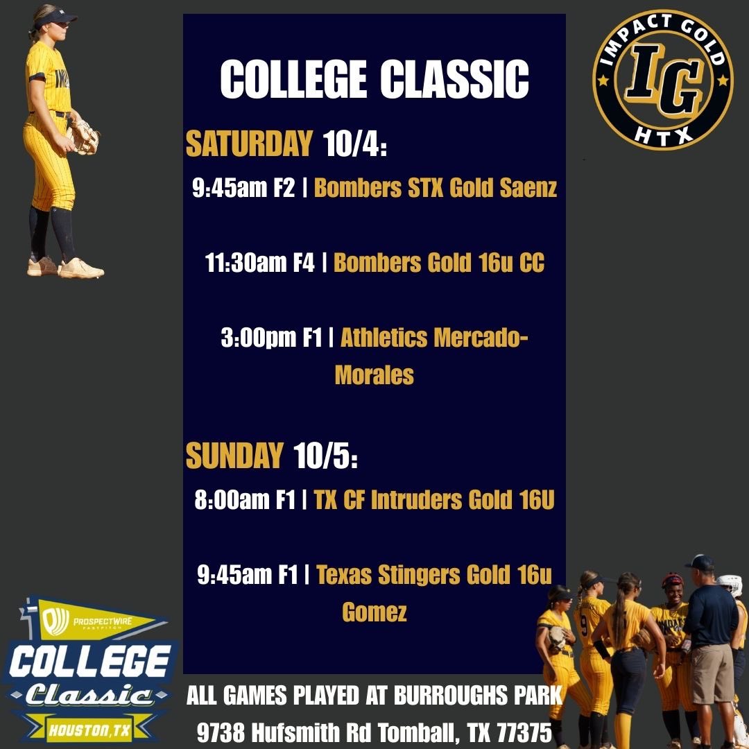 College Classic this weekend 🔥🥎 

All games will be played at Burroughs Park in Tomball,TX