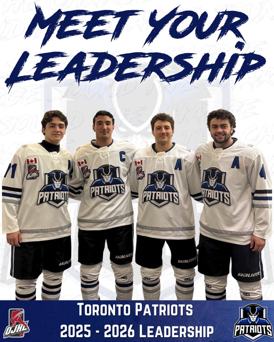 Leadership Locked In 🔐

We are fired up to announce our leaders for the 2025/26 season!

Captain: Anthony Giacalone
Assistant Captains: Robert Palermo, Lucas Vacca, Tate Collins

Let’s go to work, Patriots 💪⚡️

#ojhl #torontopatriots #soundthecharge #toronto #hockey #gameday
