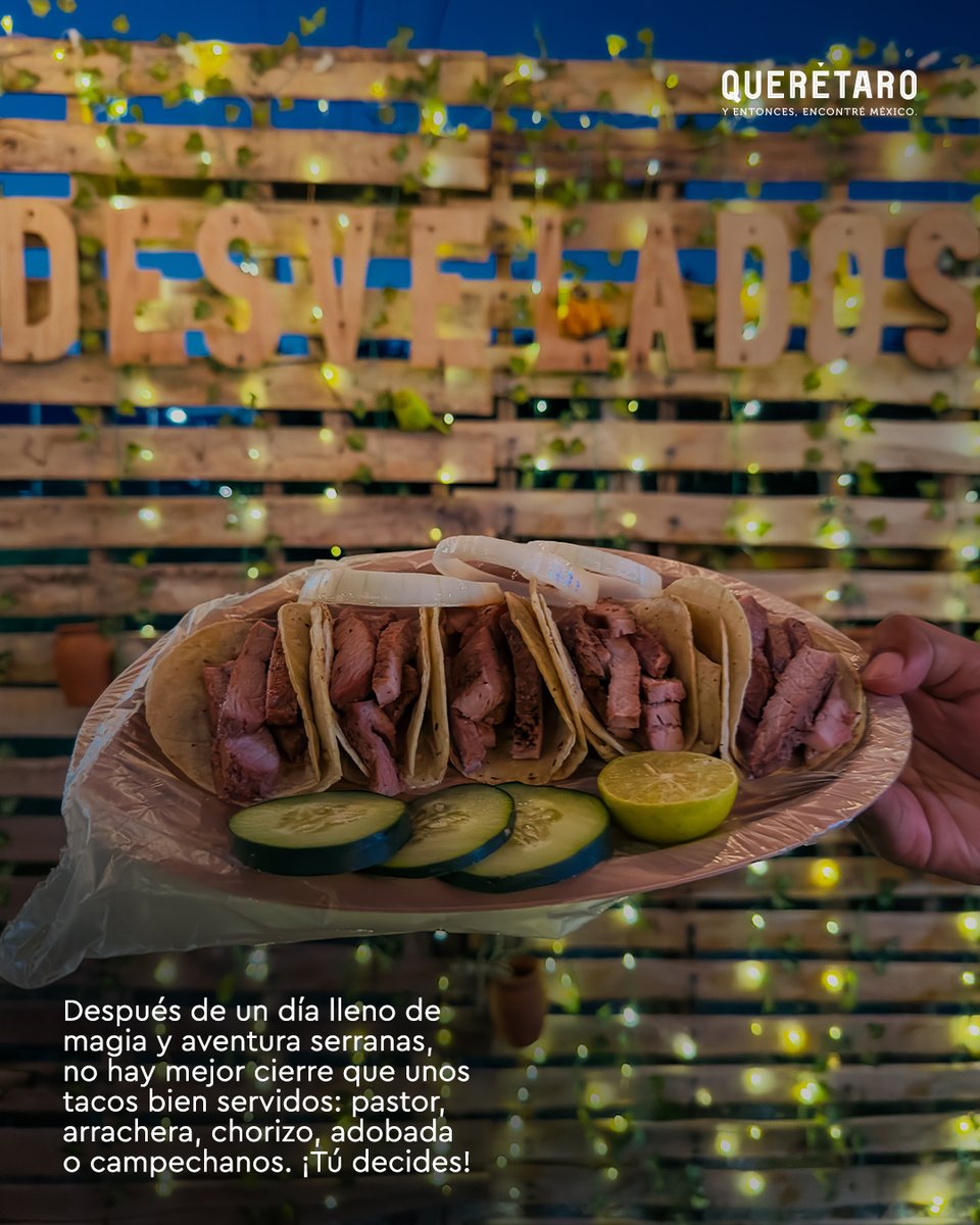 QroTravel's tweet image. ¿Se te antojaron unos taquitos? 🌮✨

En #Concá, Taquería Desvelados tiene el toque perfecto para cerrar con broche de oro tu día en la #SierraGorda: Tacos deliciosos, sazón local y buen ambiente te esperan.

¡Ven a saborear #Querétaro!

#QroTravel #Gastronomía