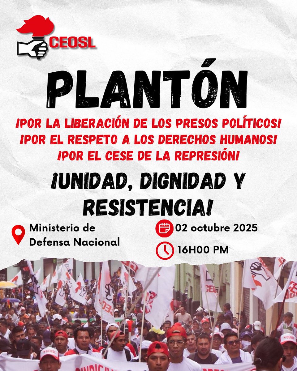 PLANTÓN🔥✊

¡POR LA LIBERACIÓN DE LOS PRESOS POLÍTICOS!
¡POR EL RESPETO A LOS DERECHOS HUMANOS!
¡POR EL CESE DE LA REPRESIÓN!

📍Ministerio de Defensa Nacional
🗓️02 octubre 2025
🕣16H00 pm 

#plantón #justiciasocial