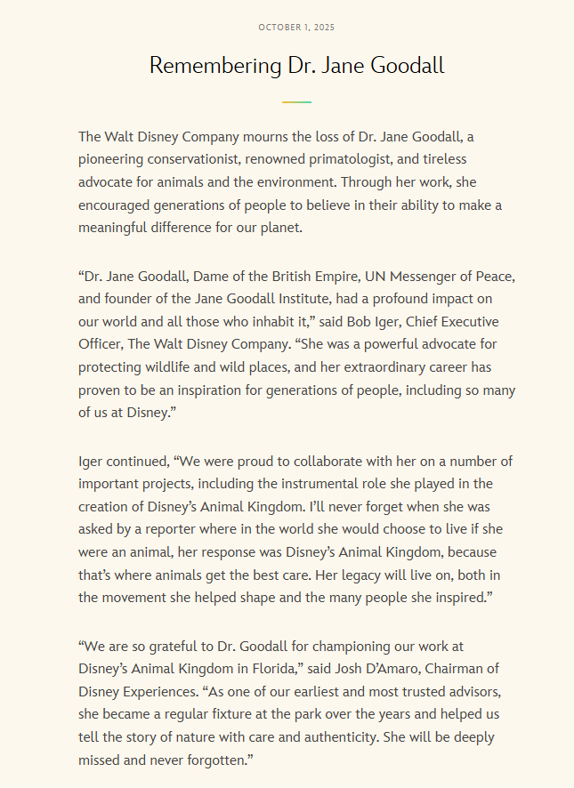 ScottGustin's tweet photo. The Walt Disney Company shared a statement in memory of Dr. Jane Goodall. https://t.co/ZX7nanJGIv