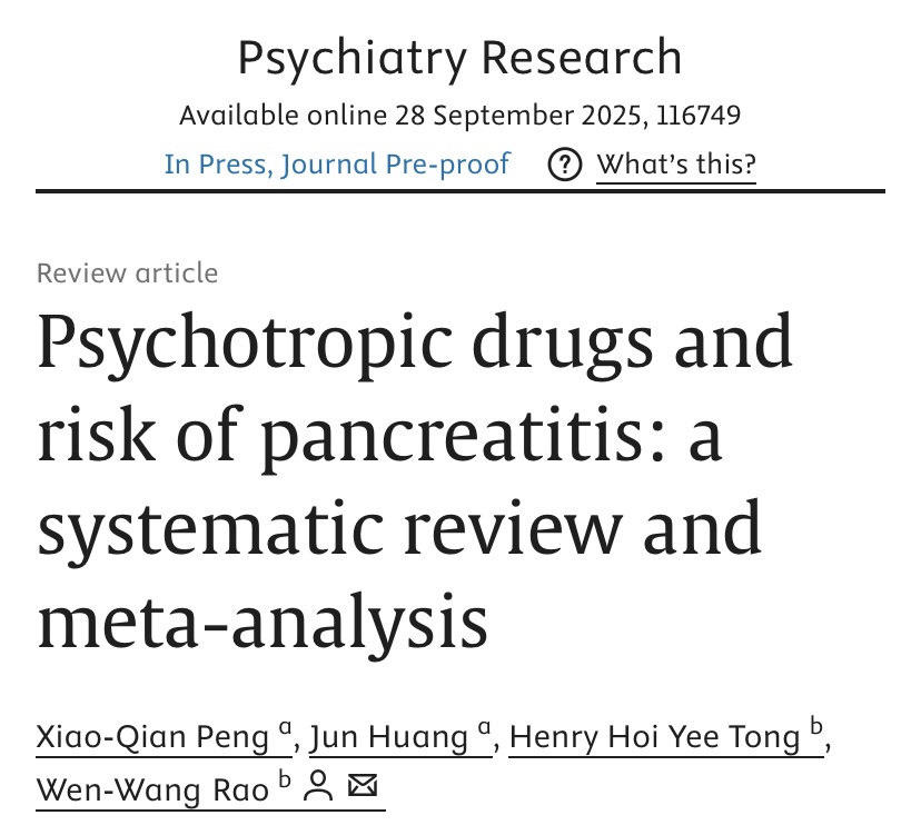 MedicatingNorm1's tweet image. ARTICLE: "Psychotropic drugs and risk of pancreatitis: a systematic review and meta-analysis"

ARTICLE LINK: buff.ly/gR3Oj0e

#antidepressants #benzodiazepines #pancreatitis