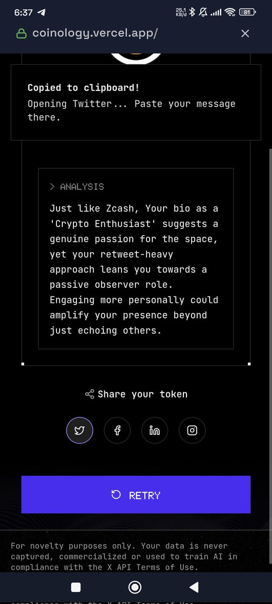 According to my twitter data, I give $ZEC vibes.
Bullish?
Try Coinology on app.vana.com. #datarevolution