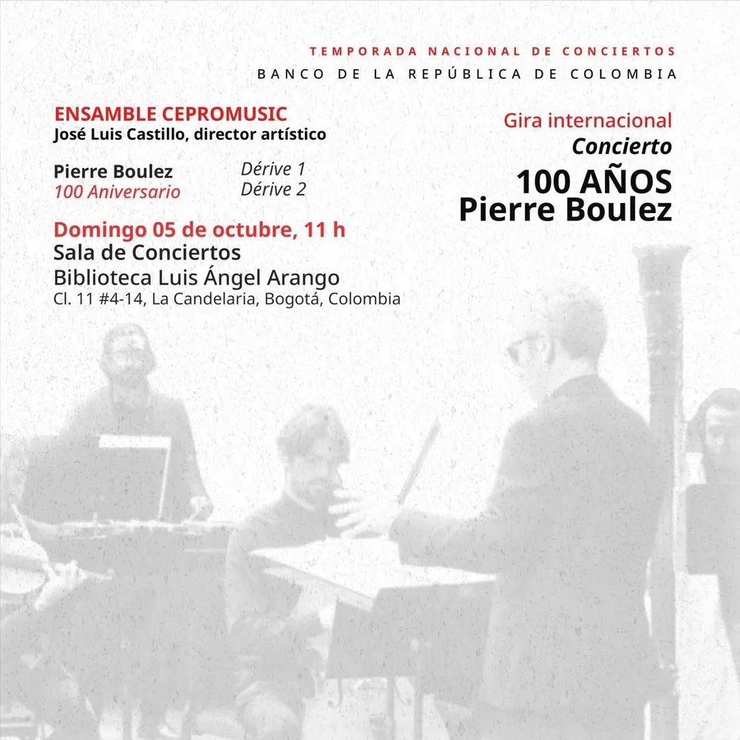 ¡Celebraremos a Pierre Boulez en Colombia! 🇨🇴✨️

Como parte de nuestra décima gira internacional, presentaremos un concierto único en la Biblioteca Luis Ángel Arango.

🔸️ Concierto 100 años Pierre Boulez
📅 Dom 5 oct, 11 h
🎟️ Boletos a la venta en bit.ly/Boulez_Col