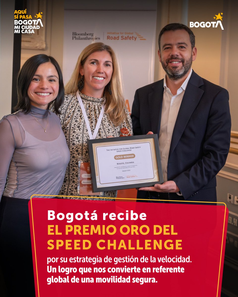 #AquíSíPasa Bogotá, mi ciudad, mi casa, fue reconocida con el premio Oro del Speed Challenge de @bloombergdotorg, gracias a su estrategia de gestión de la velocidad.

Este logro refleja un gran trabajo de cooperación internacional y nuestro compromiso con una movilidad más segura