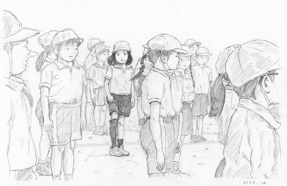 気がついたら10月。2年前の10月に描いた絵。運動会の閉会式の途中で集中力が切れてしまい、短く下げていたお気に入りのハイソックスを片方だけ上げて、こっちに視線を向ける娘の姿。