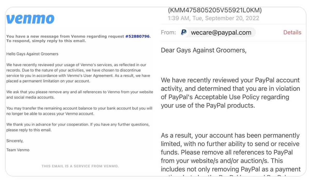 <a href="/elonmusk/">Elon Musk</a> PayPal and Venmo banned us in September of 2022, less than 3 months after we started our organization. And we are STILL banned today, as is our founder <a href="/thegaywhostrayd/">Jaimee Michell</a>. 

And yet pro-pedophile group, Prostasia, was allowed to still use their services at that time. Insane.