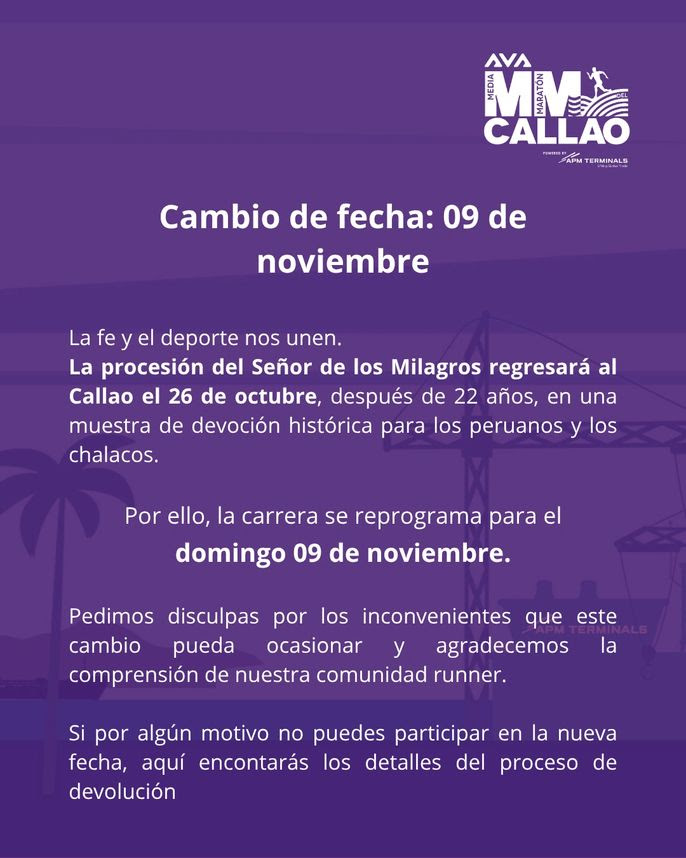 Ronny_Isla's tweet image. La Media Maratón 🏃 del Callao ⚓️ -prevista inicialmente para el domingo 26 de octubre- cambia de fecha para el domingo 9 de noviembre. ¿La razón? El regreso del Señor de los Milagros al puerto chalaco después de 22 años 🙏 💜
[Puedes solicitar devoluciones]
#perurunners